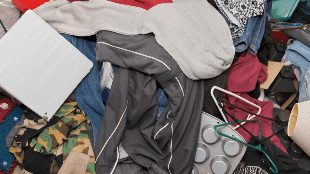 Hoarding behaviour depicted by clothes and household items piled