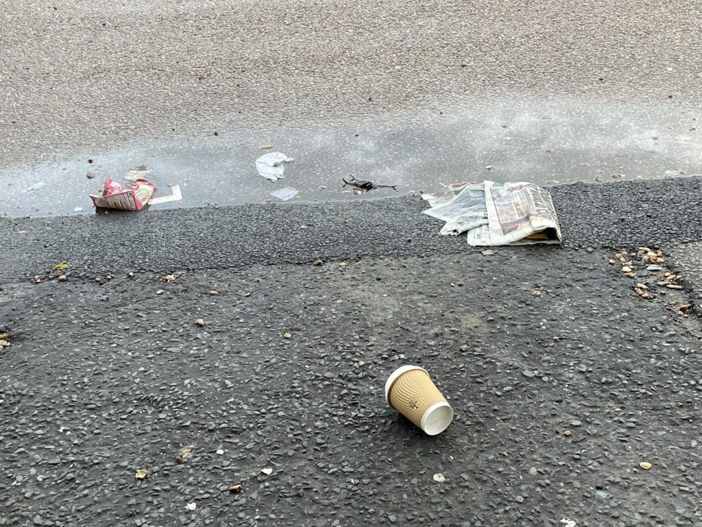 Litter scattered on wet pavement, cup and papers.