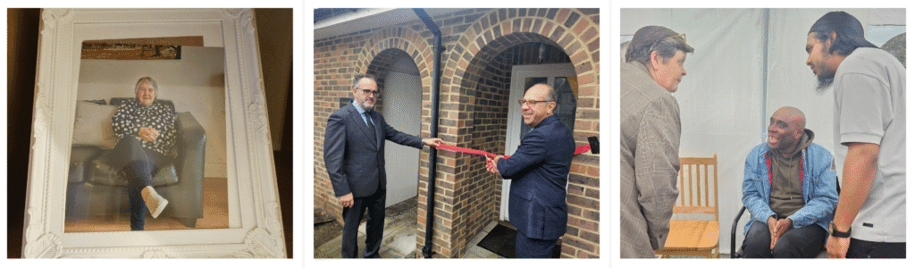 A collage of images from Scott House launch: Tenant Iris sitting on her sofa, Zetetick founder Gary Scott cutting the ribbon and Housing Director Lisa Purchase talking to tenant Darvesh and his carer.